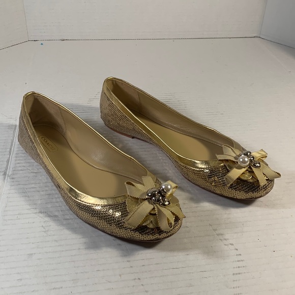 Coach Abigail Gold Sequin Ballet Flats With Logo Charms - Picture 2 of 8